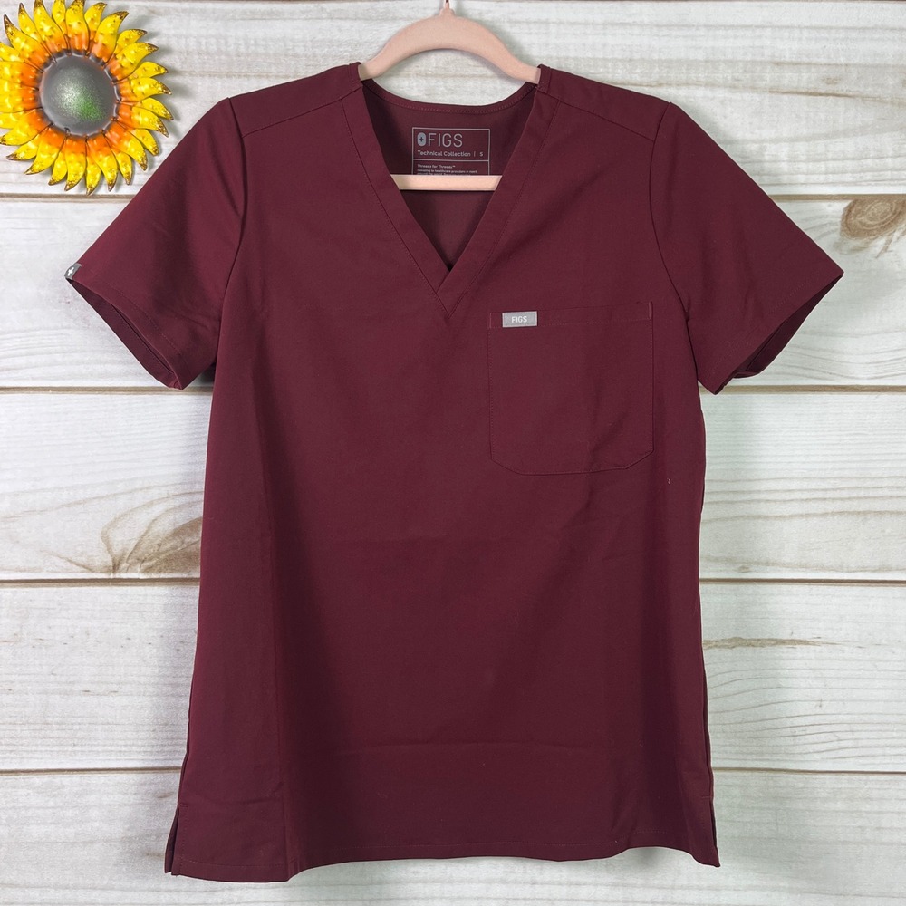 FIGS‎ Technical Collection Burgundy V Neck Scrub Top Short Sleeve Women's Size S